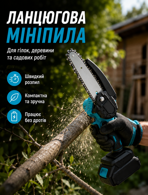 Універсальний набір акумуляторних інструментів 3 в 1: минипила, секатор та газонокосилка 48В з шиною 15,2 см і двома акумуляторами для догляду за садом - зображення 4