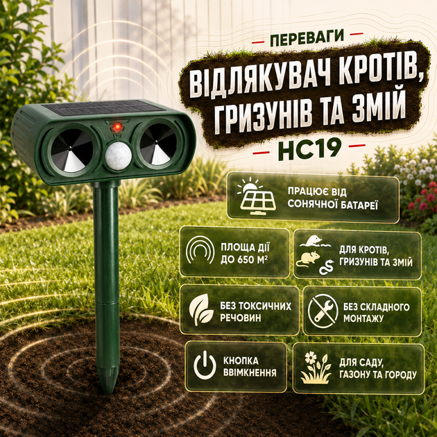 Відлякувач кротів гризунів і змій HC19 на сонячній батареї з частотою 400–1000 Гц для ділянки до 650 м² - зображення 3