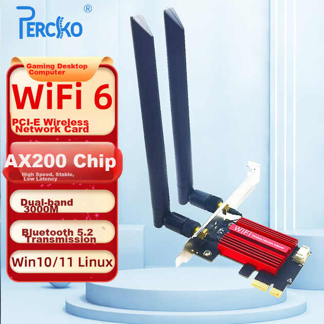 Дводіапазонна мережева карта PERCKO AX200 Pro, 3000 Мбіт/с, 5G, PCI-E, з Bluetooth, чіп Intel WiFi 6, для настільних ПК, з підтримкою Linux - Фото 4 Дводіапазонна мережева карта PERCKO AX200 Pro, 3000 Мбіт/с, 5G, PCI-E, з Bluetooth, чіп Intel WiFi 6, для настільних ПК, з підтримкою Linux - зображення 4