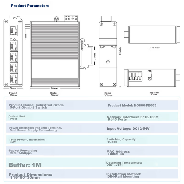 Коммутатор промышленный Huigu HG800-FE005 на 5 портов 100 Мбит/с, на DIN-рейку - изображение 5