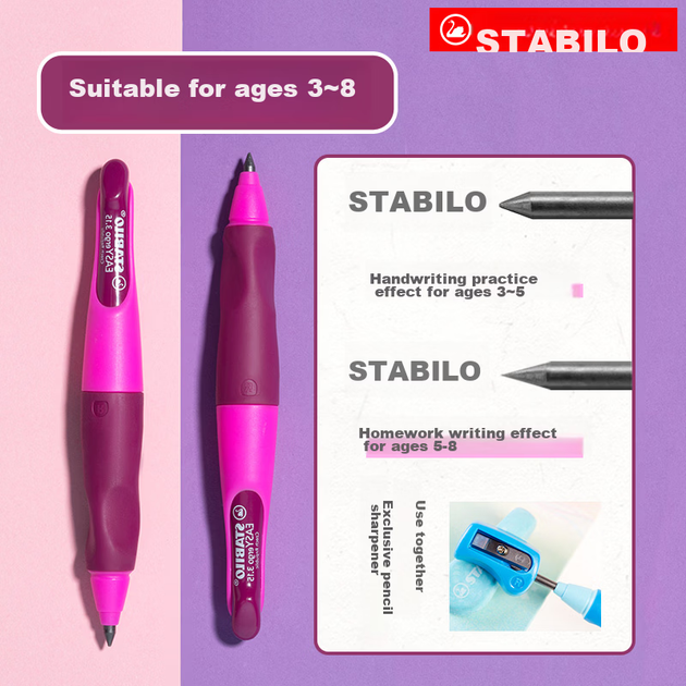 Автоматический детский карандаш STABILO Chunky Pencil, немецкий, эргономичный дизайн, корректирует хват, диаметр 3,15 дюйма, розовый (в комплекте точилка для карандашей). - изображение 8