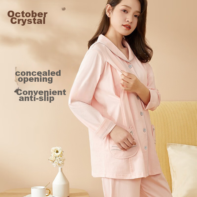 Пижама для беременных и кормящих October Crystal хлопковая, розовая, размер M - изображение 6
