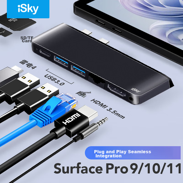 Док-станція Isky Microsoft Surface Pro 9/10/11, розширювальна док-станція USB-C, високошвидкісний конвертер USB 3.0, конвертер портів Ethernet RJ45, аудіоінтерфейс, HDMI - Фото 4 Док-станція Isky Microsoft Surface Pro 9/10/11, розширювальна док-станція USB-C, високошвидкісний конвертер USB 3.0, конвертер портів Ethernet RJ45, аудіоінтерфейс, HDMI - зображення 4