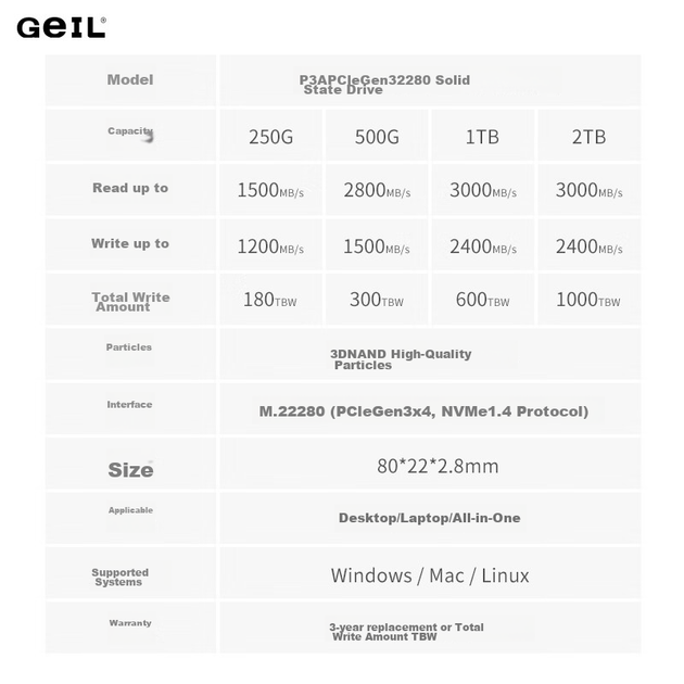 SSD-накопитель GEIL Jinbang 1 ТБ, интерфейс M.2 PCIe 3.0 (протокол NVMe), жесткий диск для настольных компьютеров и ноутбуков, высокоскоростной 3000 МБ/с, серия P3A. - изображение 11