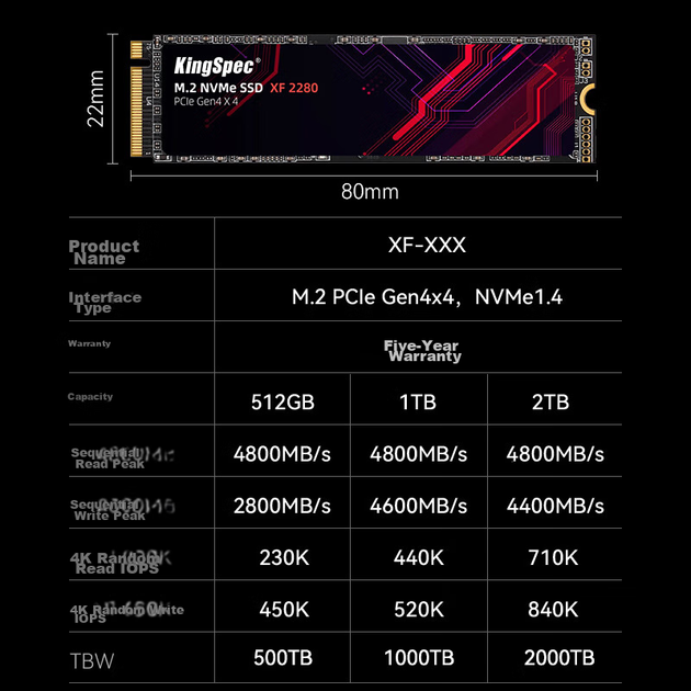 SSD KingSpec 512 ГБ, интерфейс M.2 NVMe PCIe 4.0, используется высококачественная TLC NAND память, скорость чтения 4800 МБ/с, совместим с настольными и портативными ПК, аксессуар для хранения данных. - изображение 10