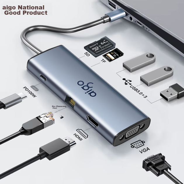 Док-станция расширения Aigo Type-C, USB 3.0-концентратор, гигабитный Ethernet-порт, HDMI/VGA-адаптер, устройство чтения SD/TF-карт, USB-док-станция расширения, быстрая зарядка PD100 Вт, T09-R (металлический корпус) - изображение 8