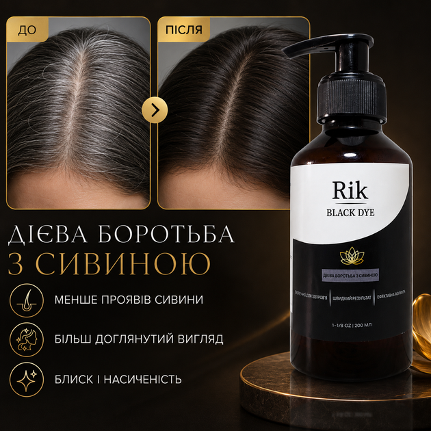 Шампунь для седых и серых волос Rik Black Dye Восстановление цвета волос от седины 200 мл Шампунь от седины - изображение 8