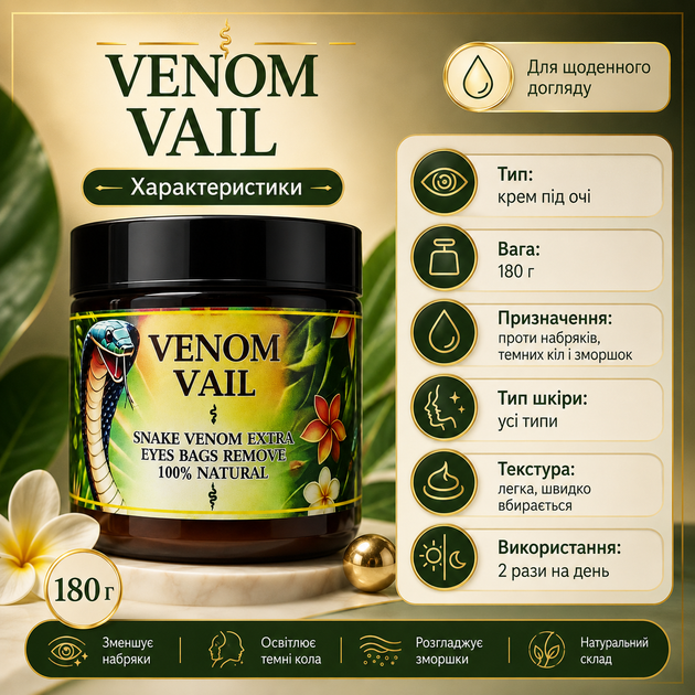 Крем для кожи вокруг глаз VENOM VAIL с пептидом змеиного яда Эффективный крем от темных кругов под глазами, 180 г Крем под глаза - изображение 4