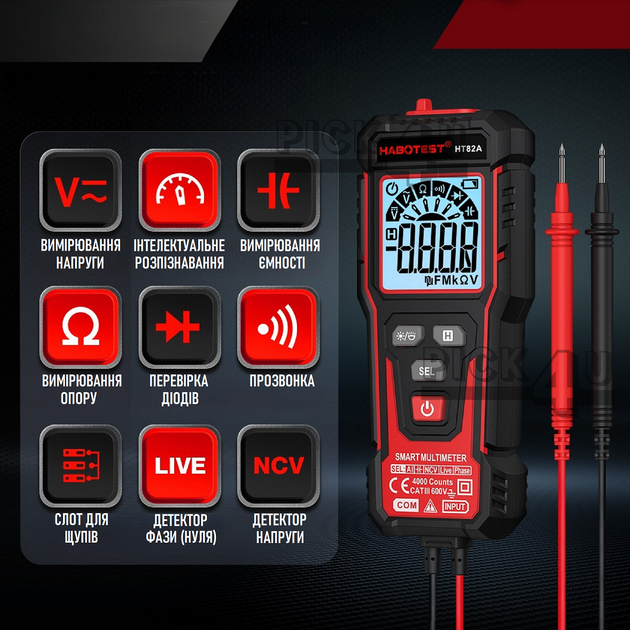 Автоматический цифровой мультиметр Habotest HT82A True RMS с NCV и Live Красный + черный - изображение 2