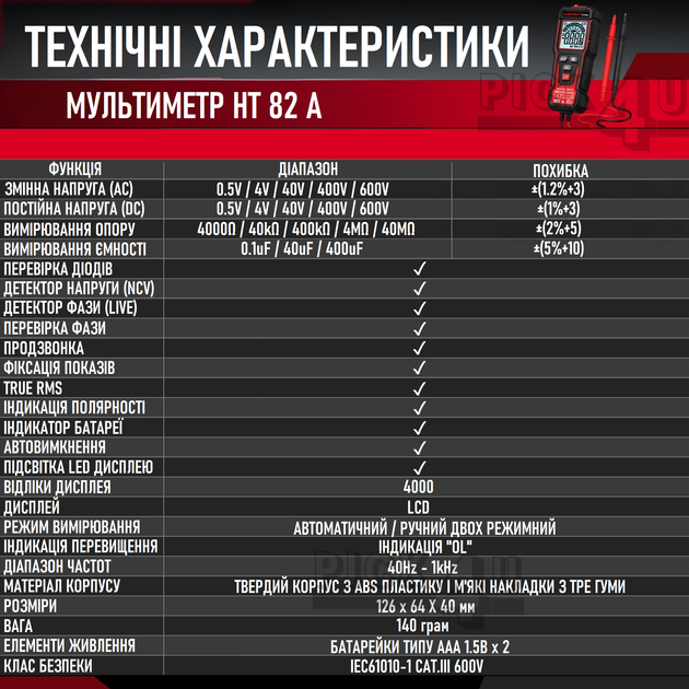 Автоматический цифровой мультиметр Habotest HT82A True RMS с NCV и Live Красный + черный - изображение 11