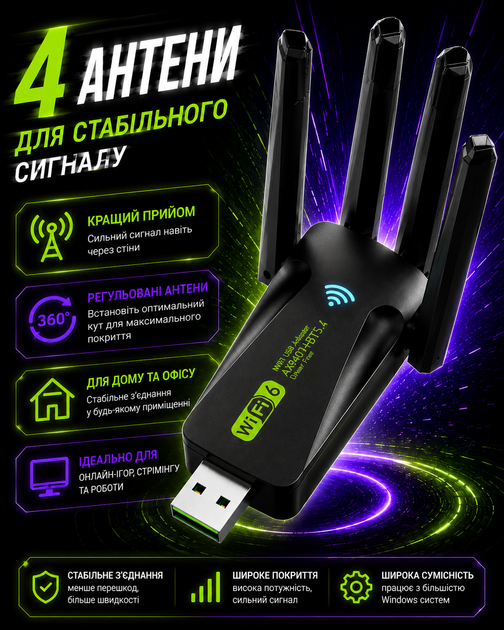 WiFi адаптер для ПК вайфай для ноутбука та комп'ютера Wi-Fi бездротовий модуль USB Bluetooth вай фай dual band 2.4/5GHz Wi Fi блютуз мережевий приймач з антеною ігровий вай-фай двохдіапазонний та швидкісний ресивер (AX9400) - Фото 5 WiFi адаптер для ПК вайфай для ноутбука та комп'ютера Wi-Fi бездротовий модуль USB Bluetooth вай фай dual band 2.4/5GHz Wi Fi блютуз мережевий приймач з антеною ігровий вай-фай двохдіапазонний та швидкісний ресивер (AX9400) - зображення 5