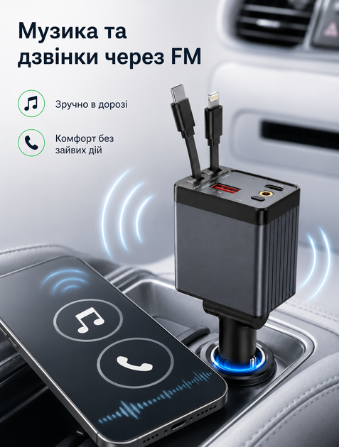 FM-трансмиттер 4 в 1 для автомобиля с супербыстрой зарядкой, Bluetooth и интегрированными кабелями USB, Type-C, Lightning - изображение 7