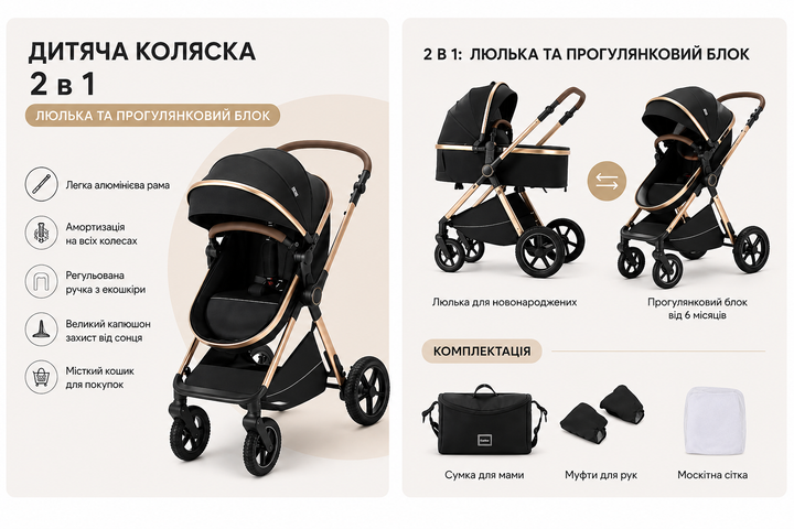 Универсальная детская коляска 2в1 черная - Фото 2 Универсальная детская коляска 2в1 черная - изображение 2