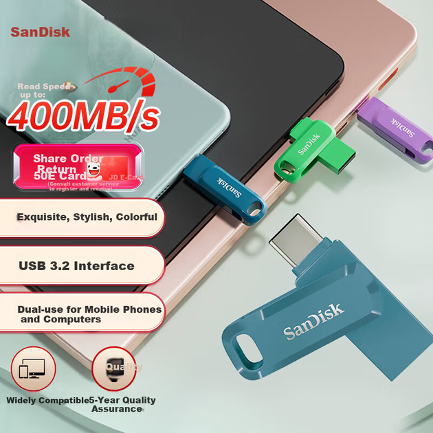 Флеш-накопитель SanDisk 1 ТБ Type-C USB 3.2 DDC3 синего цвета, скорость чтения до 400 МБ/с, автоматическое резервное копирование, совместимость с телефонами и компьютерами, двухинтерфейсный, большой емкости. - Фото 4 Флеш-накопитель SanDisk 1 ТБ Type-C USB 3.2 DDC3 синего цвета, скорость чтения до 400 МБ/с, автоматическое резервное копирование, совместимость с телефонами и компьютерами, двухинтерфейсный, большой емкости. - изображение 4