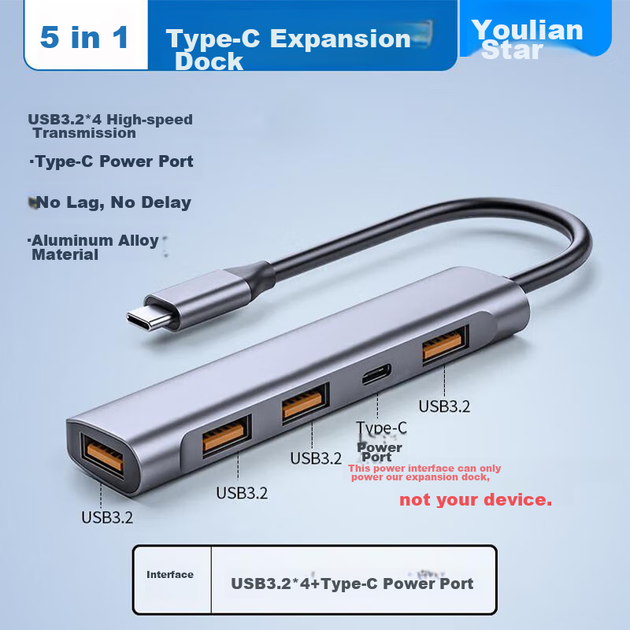 Хаб-док-станція Youlianxing Type-C 3.2 Gen2, 4 порти USB, 10 Гбіт/с, для ноутбуків - Фото 4 Хаб-док-станція Youlianxing Type-C 3.2 Gen2, 4 порти USB, 10 Гбіт/с, для ноутбуків - зображення 4