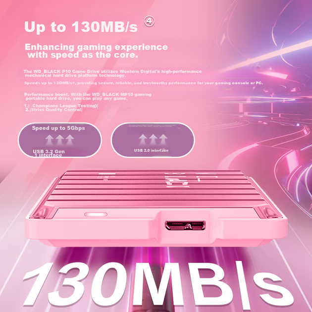 Портативний жорсткий диск Western Digital (WD) 2 ТБ, високошвидкісний 130 МБ/с, портативний зовнішній механічний жорсткий диск P10 рожевого кольору, зовнішній накопичувач для ігор PS5, мобільних телефонів, ноутбуків, Mac Expansio - зображення 7
