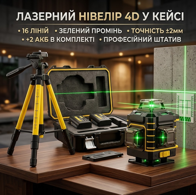 Лазерный уровень Laser Level 4D16 (Желтый) в кейсе с треногой - Фото 1 Лазерный уровень Laser Level 4D16 (Желтый) в кейсе с треногой - изображение 1