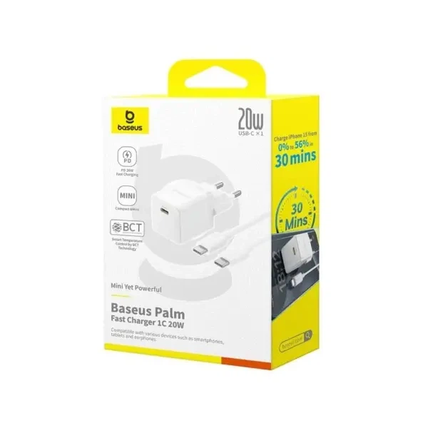 Мережевий зарядний пристрій Baseus Palm Fast Charger 1C 20W Cable Type-C to Lightning, Білий E0116400 - Фото 2 Мережевий зарядний пристрій Baseus Palm Fast Charger 1C 20W Cable Type-C to Lightning, Білий E0116400 - зображення 2