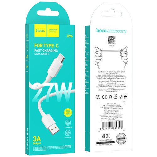 Кабель Hoco X96 Hyper USB-A to Type-C 3A 27W 1m (white) - Фото 4 Кабель Hoco X96 Hyper USB-A to Type-C 3A 27W 1m (white) - зображення 4