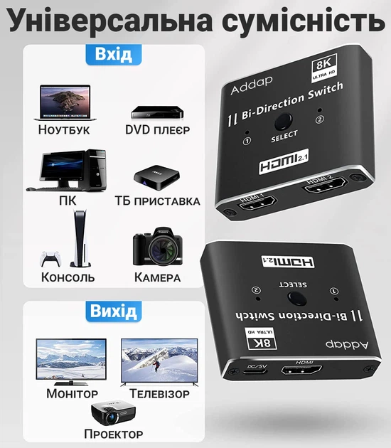 HDMI Свитч Разветвитель Addap HVS-11 8K 60 к/с Чёрный - изображение 8