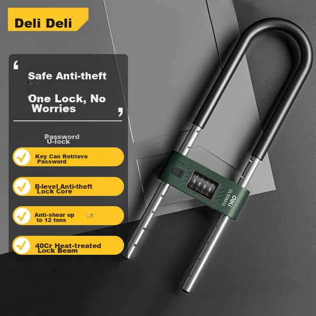 Замок Deli навесной U-образный кодовый с защитой от перекусывания, для офиса и магазина, зеленый - изображение 5