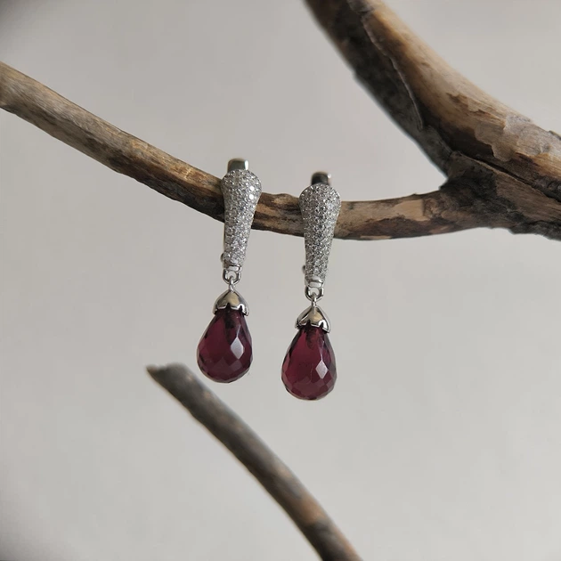 Серебряные серьги с искусственным гранатом nano 6.583ct, фианитами (60002452) - изображение 2