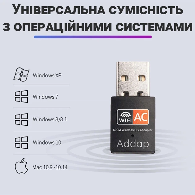 Двохдіапазонний WiFi адаптер USB Addap UWA-01 2,4 ГГц/5 ГГц 600 Мбіт/с - Фото 8 Двохдіапазонний WiFi адаптер USB Addap UWA-01 2,4 ГГц/5 ГГц 600 Мбіт/с - зображення 8