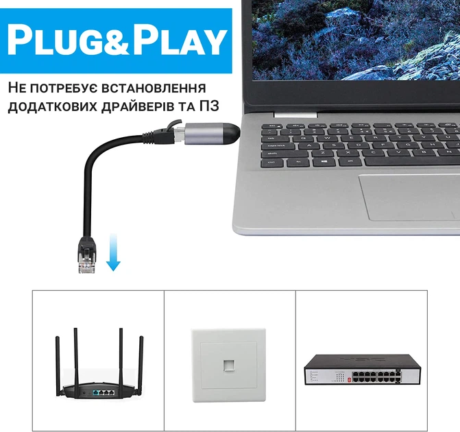 Зовнішня мережна карта Type-C to RJ45 Ethernet Addap UC2RJ45-01 1000 Мбіт/с алюмінієва - Фото 4 Зовнішня мережна карта Type-C to RJ45 Ethernet Addap UC2RJ45-01 1000 Мбіт/с алюмінієва - зображення 4