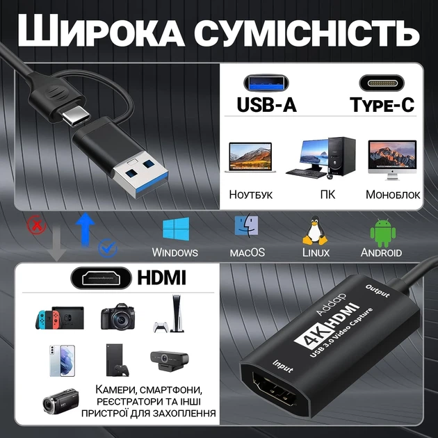 Внешняя карта видеозахвата Addap VCC-06 HDMI на USB-C и USB-A 4K черная - Фото 7 Внешняя карта видеозахвата Addap VCC-06 HDMI на USB-C и USB-A 4K черная - изображение 7