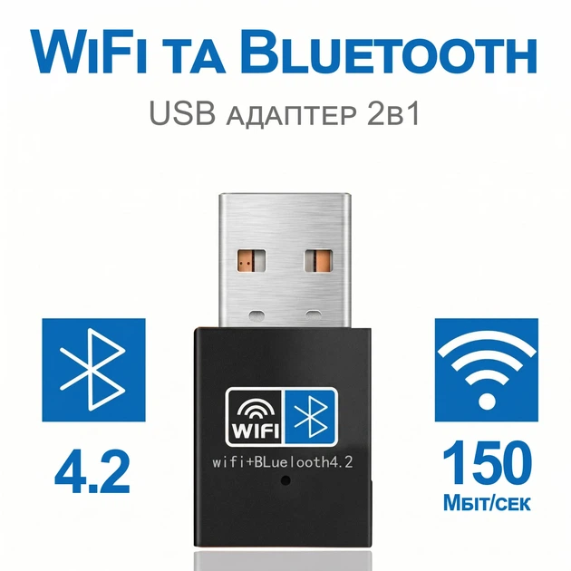 Зовнішній мережевий адаптер 2в1 WiFi+Bluetooth Addap UWA-03 USB 2,4 ГГц 150 Мбіт/с чорний - зображення 8