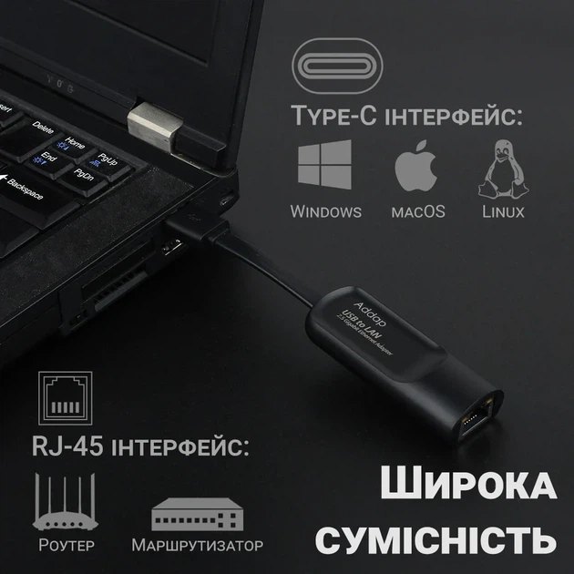 Внешній мережевий адаптер USB Type-C на LAN Addap UC2RJ45-02 1 Гбіт/с пластик чорний - Фото 3 Внешній мережевий адаптер USB Type-C на LAN Addap UC2RJ45-02 1 Гбіт/с пластик чорний - зображення 3