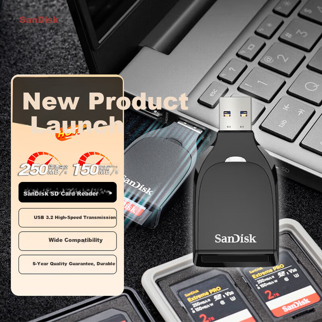 Кардридер SanDisk USB3.2 High-Speed для чтения карт памяти SD, совместимый с беззеркальными и зеркальными цифровыми фотоаппаратами/видеокамерами. - Фото 4 Кардридер SanDisk USB3.2 High-Speed для чтения карт памяти SD, совместимый с беззеркальными и зеркальными цифровыми фотоаппаратами/видеокамерами. - изображение 4