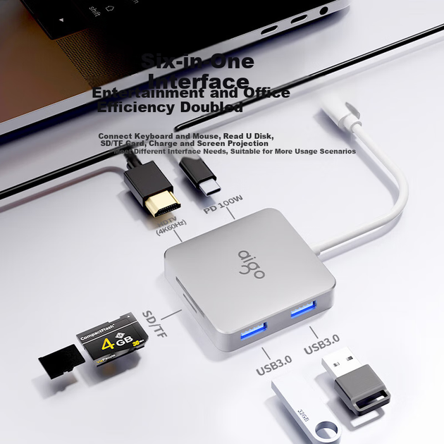 Aigo Type-C магнитная док-станция расширения, USB-концентратор, HDMI-адаптер 4K 60, портативный кардридер, передача данных через порт Type-C 3.0, док-станция расширения PD 100 Вт, JZ06-ST - изображение 4