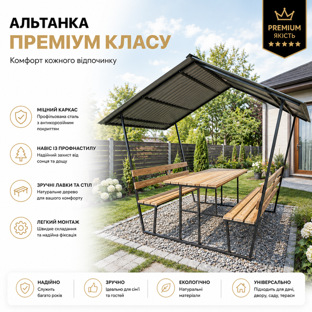 Беседка дачная разборная металлическая с крышей 230х200х200 см со столиком и скамейками - Фото 1 Беседка дачная разборная металлическая с крышей 230х200х200 см со столиком и скамейками - изображение 1