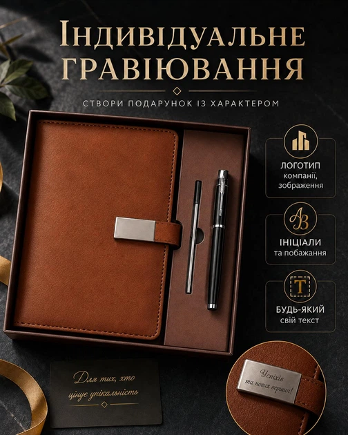 Подарочный набор кожаный блокнот А5 + ручка с гравировкой инициалов логотипа текста изображения в подарок для мужчин и женщин именный набор недатированный дневник с ручкой и коробкой 4 предмета коричневый - Фото 2 Подарочный набор кожаный блокнот А5 + ручка с гравировкой инициалов логотипа текста изображения в подарок для мужчин и женщин именный набор недатированный дневник с ручкой и коробкой 4 предмета коричневый - изображение 2