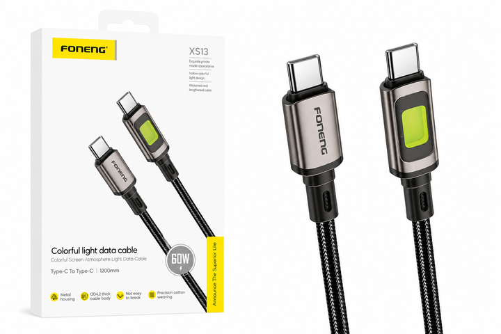 Кабель Foneng XS13 USB Type-C to Type-C 60W 1.2 м Black з RGB-підсвіткою для швидкої зарядки та передачі даних - изображение 2