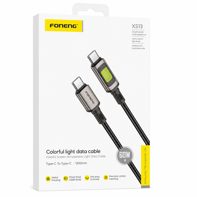 Кабель Foneng XS13 USB Type-C to Type-C 60W 1.2 м Black з RGB-підсвіткою для швидкої зарядки та передачі даних - изображение 3