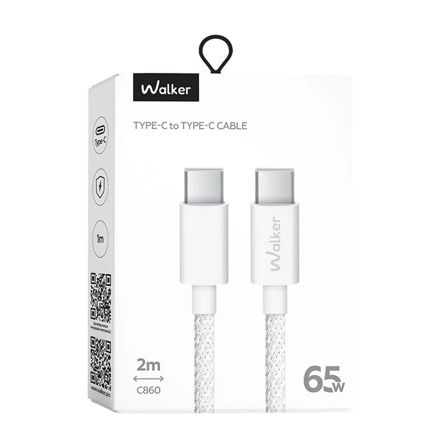 Кабель USB WALKER C860 Type-C to Type-C 65W 2м. white - Фото 2 Кабель USB WALKER C860 Type-C to Type-C 65W 2м. white - изображение 2