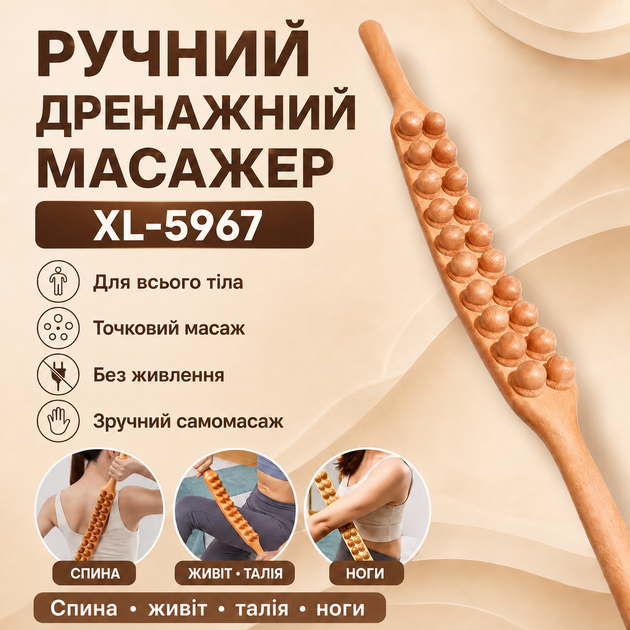 Ручной дренажный массажер-палка для всего тела AN 5967, массажный тренажер для спины, живота, талии, бедер и ног, коричневый - Фото 1 Ручной дренажный массажер-палка для всего тела AN 5967, массажный тренажер для спины, живота, талии, бедер и ног, коричневый - изображение 1