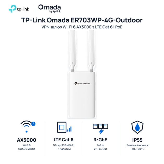 VPN-шлюз TP-Link Omada ER703WP-4G-Outdoor Wi-Fi 6 AX3000 2.4/5 GHz 3xGbE Nano SIM 2 антени IP55 White - Фото 1 VPN-шлюз TP-Link Omada ER703WP-4G-Outdoor Wi-Fi 6 AX3000 2.4/5 GHz 3xGbE Nano SIM 2 антени IP55 White - изображение 1