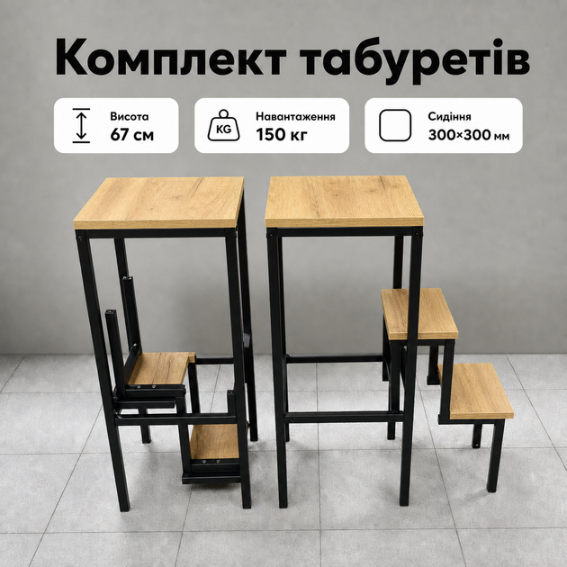 Стул-лестница-трансформер Лофт золотой дуб на 3 ступеньки, складной, для кухни, дома, квартиры, до 150 кг - Фото 2 Стул-лестница-трансформер Лофт золотой дуб на 3 ступеньки, складной, для кухни, дома, квартиры, до 150 кг - изображение 2
