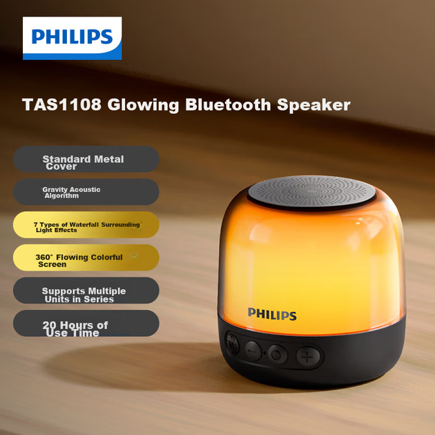 PHILIPS TAS1108 Bluetooth-колонка, мини-компьютерная настольная колонка, высококачественный твитер, сабвуфер с RGB-подсветкой, компактная, беспроводная, для дома и автомобиля, портативная, с длительным временем автономной работы. - изображение 5