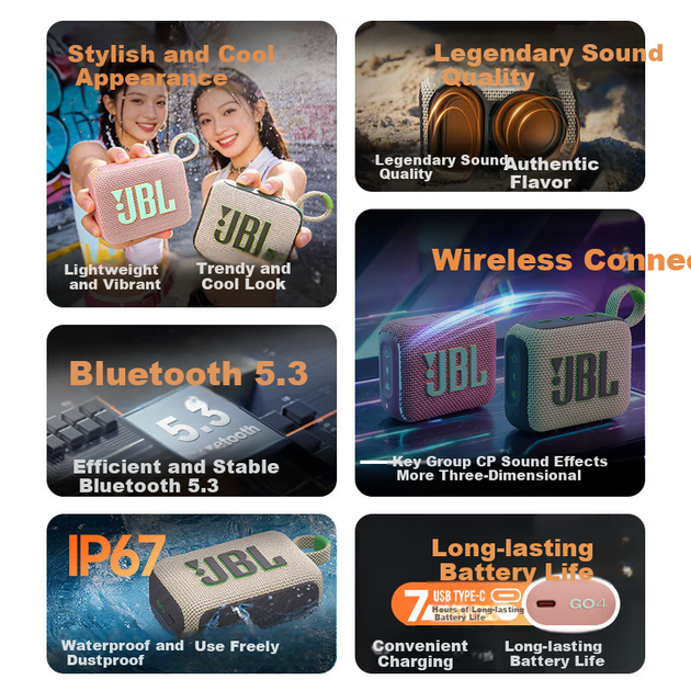 JBL GO4 Music Brick 4-го покоління Bluetooth-колонка, портативна колонка для вулиці, комп'ютерна колонка, міні-колонка, подарунок для неї, рожевий колір гуави - зображення 5