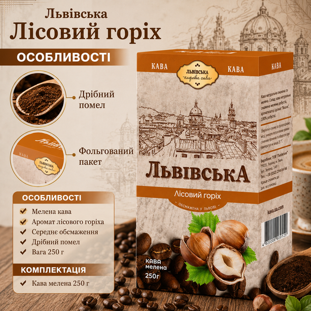 Кофе молотый Львовский Лесной орех 250 г ароматизированный мелкий помол средняя обжарка - Фото 3 Кофе молотый Львовский Лесной орех 250 г ароматизированный мелкий помол средняя обжарка - изображение 3