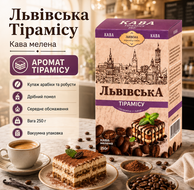 Кава мелена CaffeeFan Львівська Тірамісу 250 г купаж арабіка робуста аромат десерту вакуумна упаковка - Фото 1 Кава мелена CaffeeFan Львівська Тірамісу 250 г купаж арабіка робуста аромат десерту вакуумна упаковка - зображення 1
