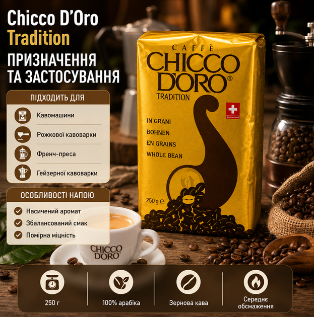 Зернова кава Chicco d'Oro Tradition 250 г натуральна 100% арабіка середнього обсмаження - Фото 2 Зернова кава Chicco d'Oro Tradition 250 г натуральна 100% арабіка середнього обсмаження - зображення 2