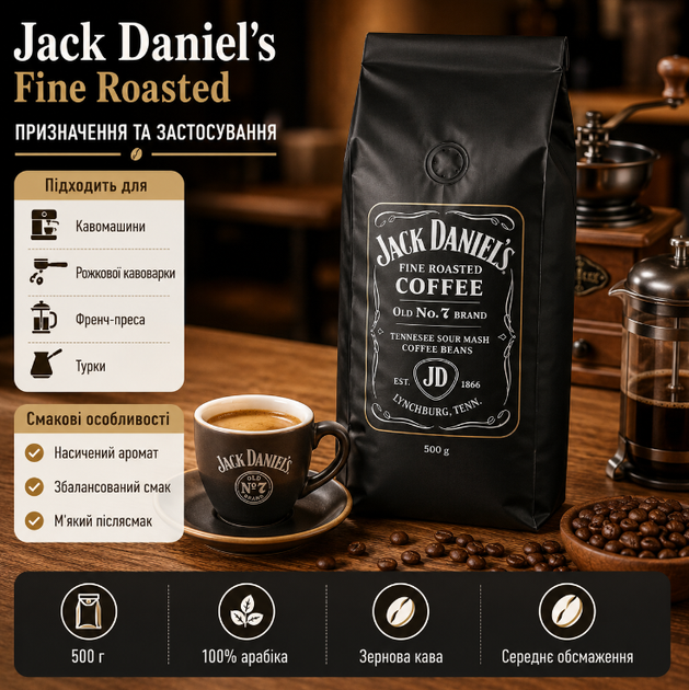 Зерновый кофе Jack Daniel's Fine Roasted Coffee 500 г натуральная арабика средней обжарки для кофемашины турки - Фото 2 Зерновый кофе Jack Daniel's Fine Roasted Coffee 500 г натуральная арабика средней обжарки для кофемашины турки - изображение 2