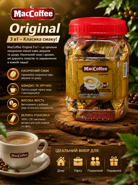 Кофе «Maccoffee Original 3-в-1», 1 кг Растворимый кофе 3 в 1 Кофейный напиток 3 в 1 Напитки «Maccoffee 3-в-1 Original Кофе Maccoffee - Фото 1 Кофе «Maccoffee Original 3-в-1», 1 кг Растворимый кофе 3 в 1 Кофейный напиток 3 в 1 Напитки «Maccoffee 3-в-1 Original Кофе Maccoffee - изображение 1