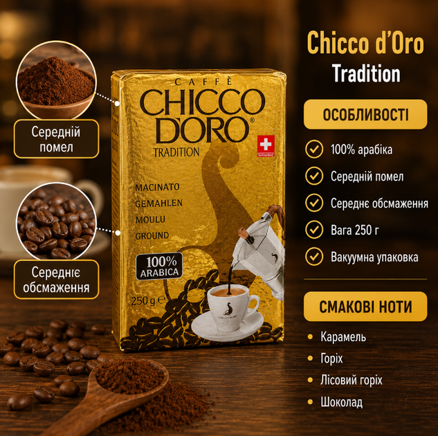 Молотый кофе Chicco d'Oro Tradition Espresso 250 г натуральная арабика средней обжарки для эспрессо турки и френч пресса - Фото 3 Молотый кофе Chicco d'Oro Tradition Espresso 250 г натуральная арабика средней обжарки для эспрессо турки и френч пресса - изображение 3