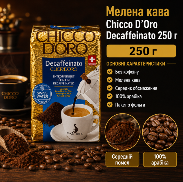 Кава мелена Chicco d'Oro Decaffeinato 250 г 100% арабіка без кофеїну середнє обсмаження - Фото 1 Кава мелена Chicco d'Oro Decaffeinato 250 г 100% арабіка без кофеїну середнє обсмаження - зображення 1